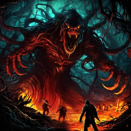breathtaking artwork horrible terrors lurking from darkness by dnmumfrd <lora:dan_mumford_v09:1.2>, danger, chaos, nightmare