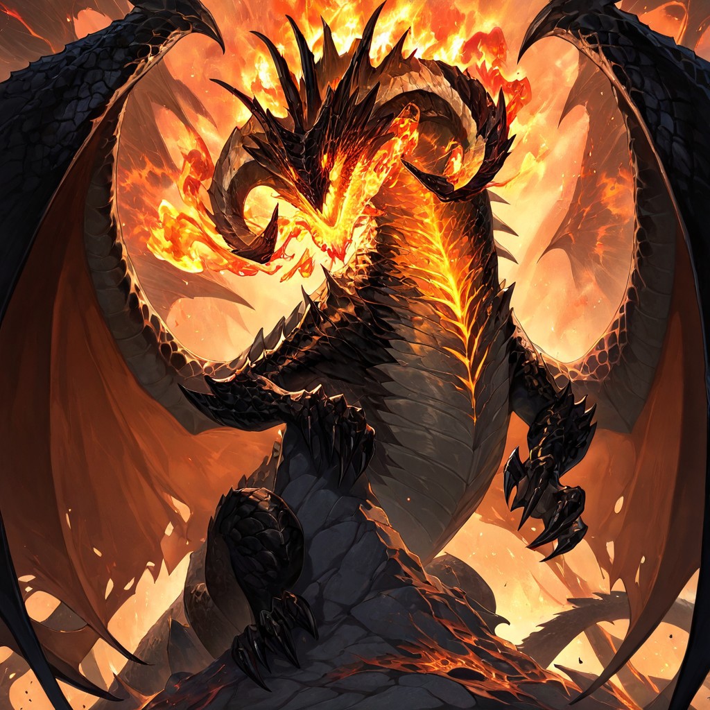 masterpiece, best quality, newest, absurdres, highres, 
TWEV1.0, no humans, monster, dragon, black scales, fire, fire breath, wings, dragon wings, horns,