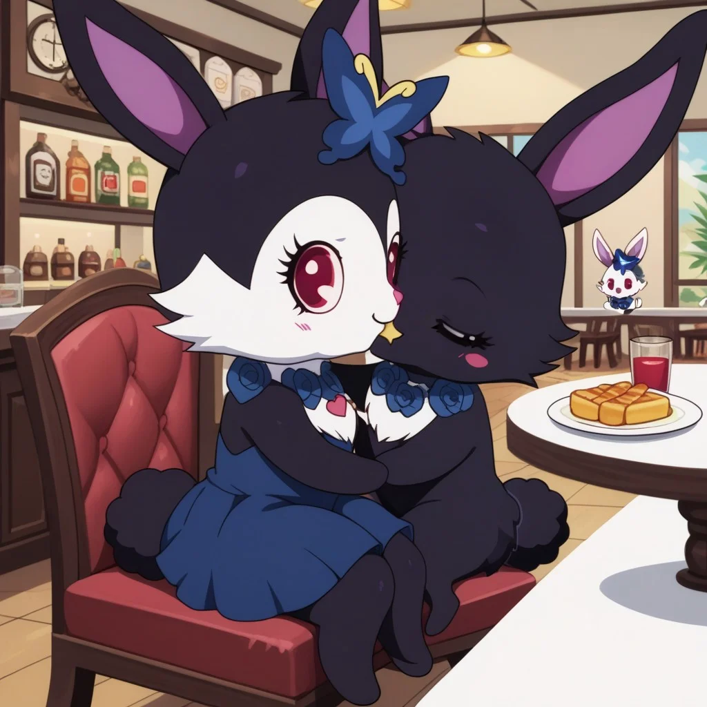 score_9, score_8_up, score_7_up, score_6_up, score_5_up,
best quality, masterpiece, smile,smirk,blush , Full Body, Romantic, Small Body, Furry, looking_pleasured, ru6y, anthro, female, jewelpet, furry, rabbit ears, looking at viewer, smile, kissing, hair ornament, red eyes, flower, :d, necklace, no humans, rabbit, chibi, short limbs, looking at viewer, happy, sitting on chair, (eating food), cafe dress, cafe indoor, eyes,
luea, feral, blue eyes, rabbit, furry, rabbit ears, black fur, purple inner ear, white chest fur, white face, chibi, body fur, (blue butterfly hair ornament), (blue rose necklace), looking at viewer, happy, sitting on chair, (eating food), blue dress, cafe indoor, eyes, duo sexy, 2girls, duo, food, drink