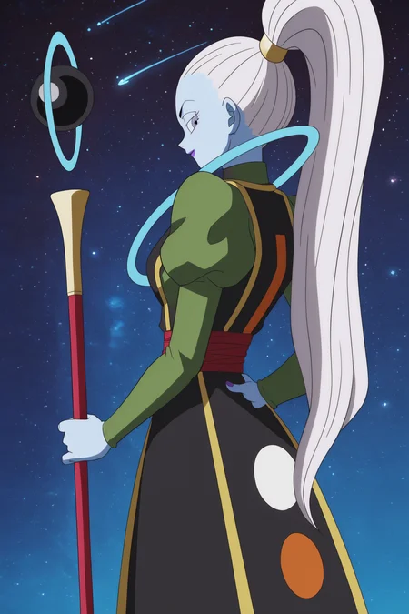 source_anime, score_9, score_8_up, score_7_up, anime screencap,8k, absurd res,
vados \(dragon ball\), high ponytail, hair pulled back, very long hair, 1girl, solo, looking at viewer, space, long sleeves, star \(sky\), black dress, purple eyes, purple hair, earrings, puffy sleeves, looking back, from behind, hand on hip, profile, colored skin, juliet sleeves, staff, holding staff, blue skin, arm behind back, eyelashes, gold trim, green topwear, print dress, red sash, fingernails, raised index finger, sleeveless dress, neck ring, turtleneck, white hair, purple lips, cowboy shot
 <lora:vados_pony_v1:0.8>