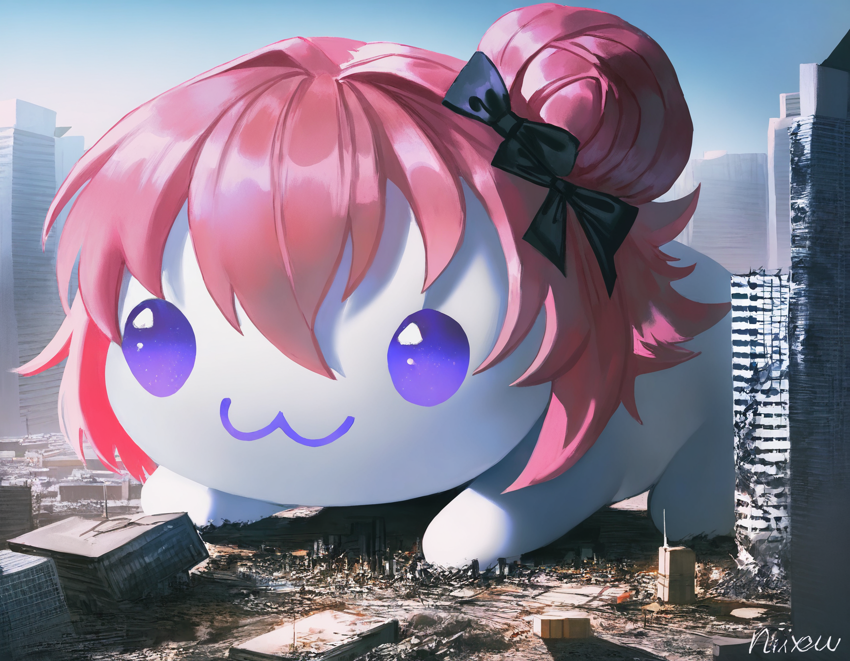 traditional media, painting \(medium\), artist:john kafka, artist:nixeu, artist:quasarcake, doro, \:3, chibi, no humans, solid circle eyes, no pupils, white skin, all fours, creature,  pink hair, purple eyes, single side bun, hair bow, giant, destruction, ruins, city, skyscraper,   masterpiece, best quality, 8k, absurdres, very aesthetic <lora:doro_xypher_amxl_v1:1>