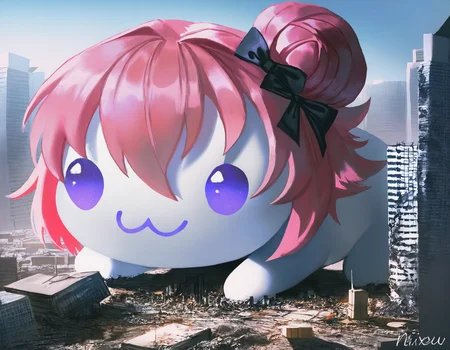 traditional media, painting \(medium\), artist:john kafka, artist:nixeu, artist:quasarcake, doro, \:3, chibi, no humans, solid circle eyes, no pupils, white skin, all fours, creature, pink hair, purple eyes, single side bun, hair bow, giant, destruction, ruins, city, skyscraper, masterpiece, best quality, 8k, absurdres, very aesthetic <lora:doro_xypher_amxl_v1:1>