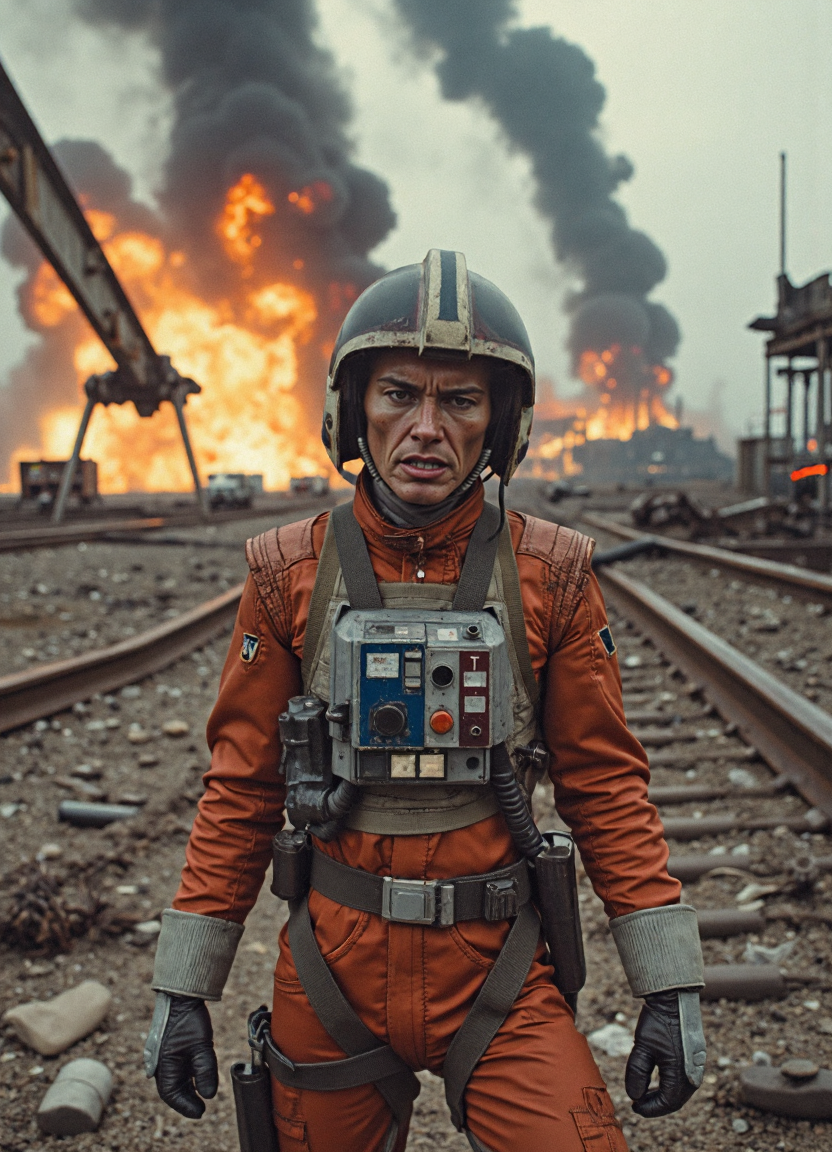 {"T5": ",A highly detailed, hyperrealistic photograph of a rebel starfighter pilot, dressed in a modest, tattered, and worn-out flight suit, caught in the midst of a catastrophic chemical plant explosion in a post-apocalyptic wasteland, with flames engulfing the surrounding area, and a massive cloud of toxic smoke billowing into the air. The pilot's face is contorted in a mixture of pain and desperation, with sweat-drenched skin, and a look of urgency in their eyes, as they attempt to navigate through the chaos. In the background, a complicated rescue attempt is underway, with multiple factions, including rebel forces and unknown entities, clashing in a frenzy of laser blasts and explosions. The scene is viewed from a low-angle perspective, with the camera positioned near the ground, looking up at the pilot, and the ruins of the chemical plant looming in the background, with a massive, twisted metal beam, covered in rust and debris, dominating the foreground, and the pilot's figure placed along the golden ratio, with the explosion and rescue attempts balanced around them, following the rule of thirds.,", "CLIP-L": ",rebel starfighter pilot, post-apocalyptic wasteland, chemical plant explosion, rescue attempts, hyperrealistic, detailed, modest flight suit, tattered, worn-out, facial expression, pain, desperation, sweat-drenched skin, urgent eyes, laser blasts, explosions, low-angle perspective, twisted metal beam, rust, debris, golden ratio, rule of thirds,"}
<lora:Rebel_Starfighter_Pilot_-_Star_Wars_Flux:0.85>