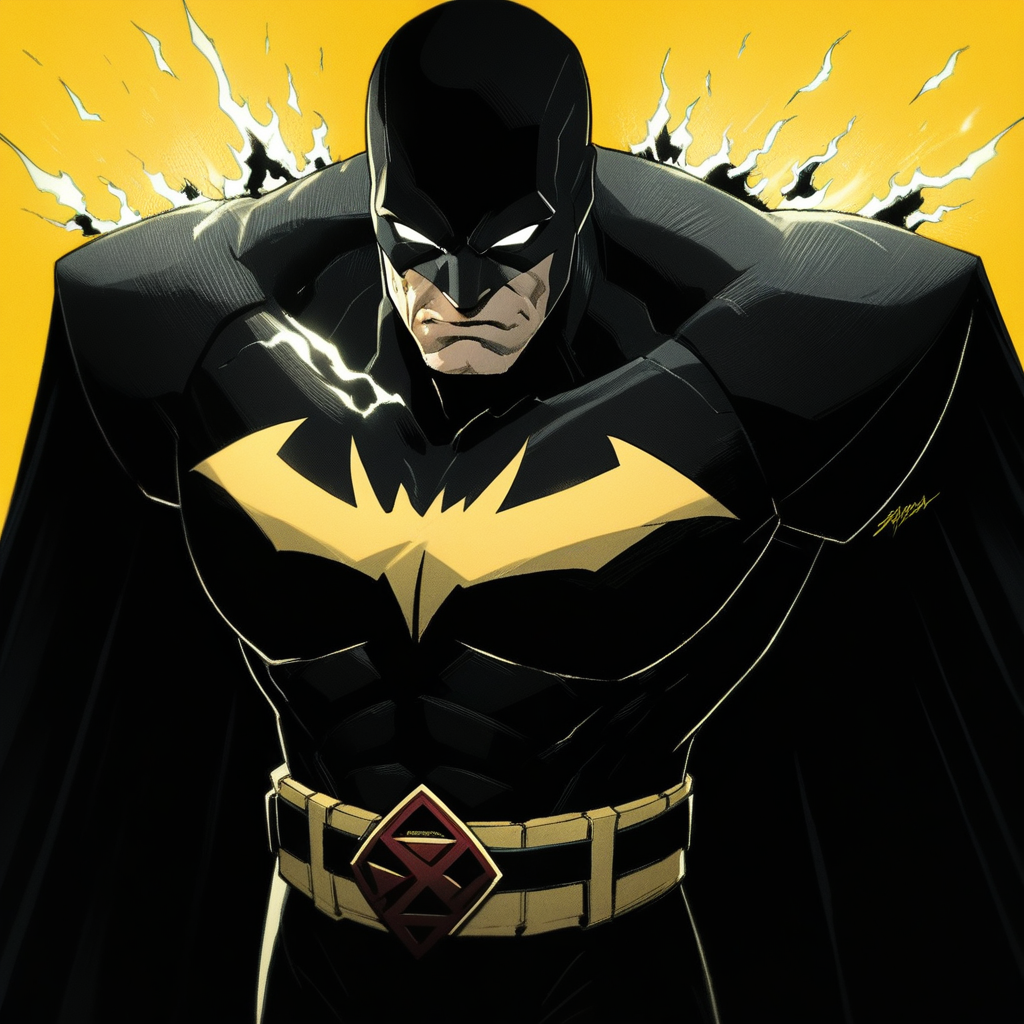 Source_comics, marvel, DC, dc comics, wh1t3ey3s,((score_9)),score_8_up,score_7_up,score_6_up,score_5_up,score_4_up, 1boy, solo, superhero_costume, white eyes, no pupils, superhero, black theme, muscular,cape, bodysuit , black gloves, belt, yellow background, sparks, flames, shadows,