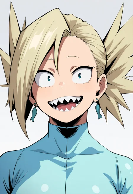 masterpiece, best quality, very aesthetic, absurdres,
1girl, nakagame, blonde hair, short hair,
blue bodysuit, earrings,
upper body,
smile, open mouth, sharp teeth,
solo, looking at viewer, simple background, white background, <lora:TatamiNakagameNoobXL_byKonan:1>