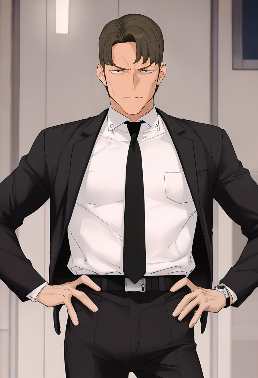 masterpiece, best quality, intricate details, anime screencap, official style, depth of field, 
(night, dark), 
indoors, office, 
looking at viewer, expressionless, annoyed, 
BREAK.
standing, contrapposto, cowboy shot, straight-on, facing viewer, portrait, hands on own hips, 
BREAK.
black suit, formal, ((open clothes)), white shirt, collared shirt, long sleeves, black pants, black necktie, wristwatch, belt, BREAK.
cheekbones,
leejichang, 1boy, solo, black eyes, sanpaku, dot pupils, small eyes, short hair, brown hair, curtained hair, BREAK.
 <lora:Mobydick(Webtoon)_All-In-One_ILXL_v1:1.4>