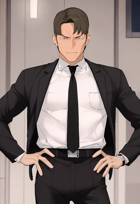 masterpiece, best quality, intricate details, anime screencap, official style, depth of field,
(night, dark),
indoors, office,
looking at viewer, expressionless, annoyed,
BREAK.
standing, contrapposto, cowboy shot, straight-on, facing viewer, portrait, hands on own hips,
BREAK.
black suit, formal, ((open clothes)), white shirt, collared shirt, long sleeves, black pants, black necktie, wristwatch, belt, BREAK.
cheekbones,
leejichang, 1boy, solo, black eyes, sanpaku, dot pupils, small eyes, short hair, brown hair, curtained hair, BREAK.
<lora:Mobydick(Webtoon)_All-In-One_ILXL_v1:1.4>