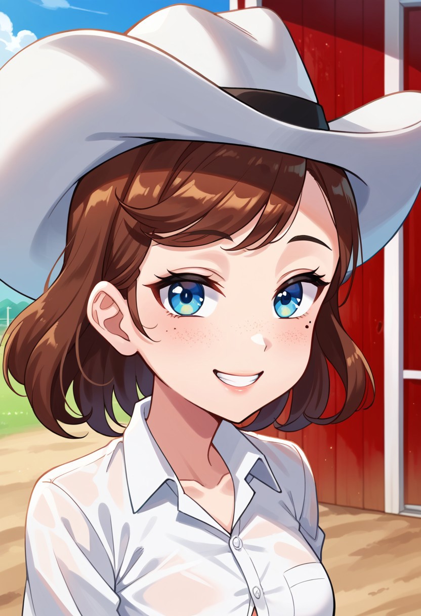 score_8, score_8_up, score_7_up, anime screenshot, 1girl, solo, female focus, SBS_JN, blue eyes, cowboy hat, white headwear, brown hair, asymmetrical bangs, medium hair, freckles, mole, collared shirt, white shirt, button-up shirt, portrait, smile, looking at viewer, outdoors, farm