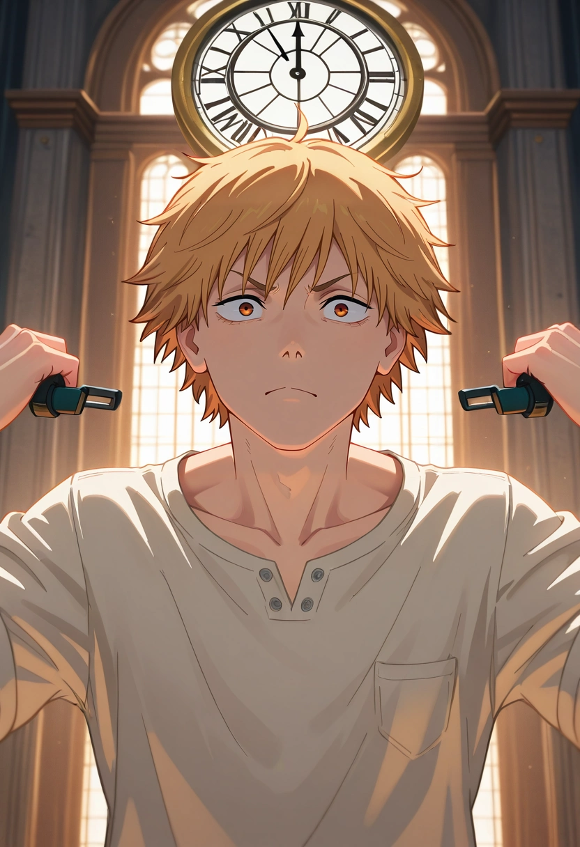 masterpiece, best quality, , (3d:0.4), , 1boy, solo, male focus, <lora:denji_chainsaw_man_ilxl:0.9>, denji_chainsaw_man, blonde hair, brown eyes, short hair, bangs, , time workshop, floating gears, temporal portals, clock towers, adjusting machinery, focused expression, ethereal lighting,