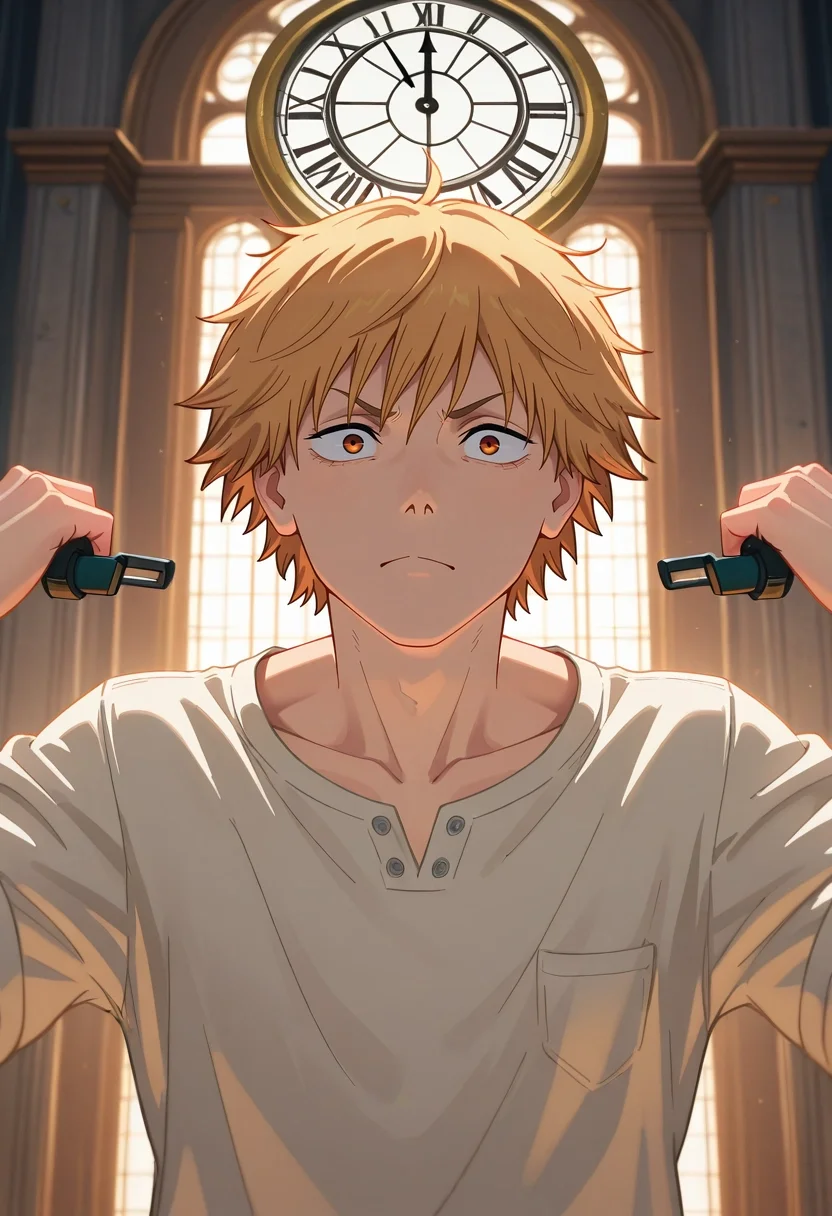masterpiece, best quality, , (3d:0.4), , 1boy, solo, male focus, <lora:denji_chainsaw_man_ilxl:0.9>, denji_chainsaw_man, blonde hair, brown eyes, short hair, bangs, , time workshop, floating gears, temporal portals, clock towers, adjusting machinery, focused expression, ethereal lighting,