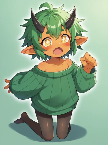 score_9, score_8_up, score_7_up, score_6_up, score_5_up, score_4_up, BREAK, source_cartoon, source_anime,
1girl, solo, (teal, green poncho, green dress, black pantyhose, ribbed tights, no shoes)
((sweater-dress)), (((pantyhose))), ((no-shoes)), ((messy-hair)), <lora:OgerXL-15:0.75> ogerpon, fangs, personification, green hair, messy hair, short hair, ahoge, black horns, blush stickers, yellow eyes, colored skin, orange skin, pointed ears, oni, little girl, flat chest
paw pose, open mouth, jaws