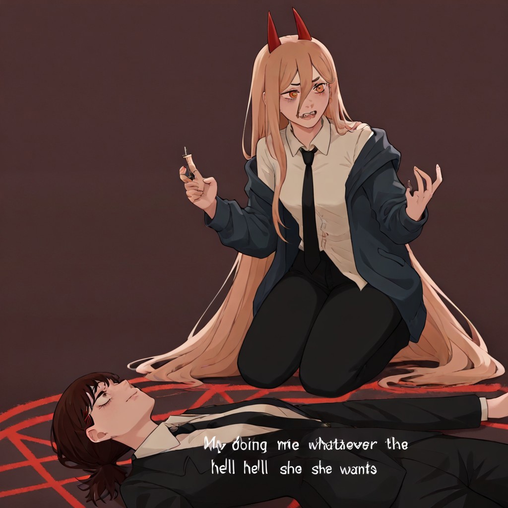 masterpiece, best quality, newest, absurdres, highres, anime, anime style, MHWW-V1.0, my hot witch wife (meme), text (my hot witch wife), english text, 1girl, higashiyama kobeni \(chainsaw_man\), brown hair, collared shirt, black necktie, black jacket,  BREAK text, text (Me doing whatever the hell she wants), 1girl, power \(chainsaw_man\), demon horns, long hair, blonde hair, very long hair, red horns, black necktie, horns, cross-shaped pupils, shirt,