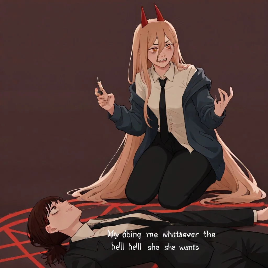 masterpiece, best quality, newest, absurdres, highres, anime, anime style, MHWW-V1.0, my hot witch wife (meme), text (my hot witch wife), english text, 1girl, higashiyama kobeni \(chainsaw_man\), brown hair, collared shirt, black necktie, black jacket, BREAK text, text (Me doing whatever the hell she wants), 1girl, power \(chainsaw_man\), demon horns, long hair, blonde hair, very long hair, red horns, black necktie, horns, cross-shaped pupils, shirt,