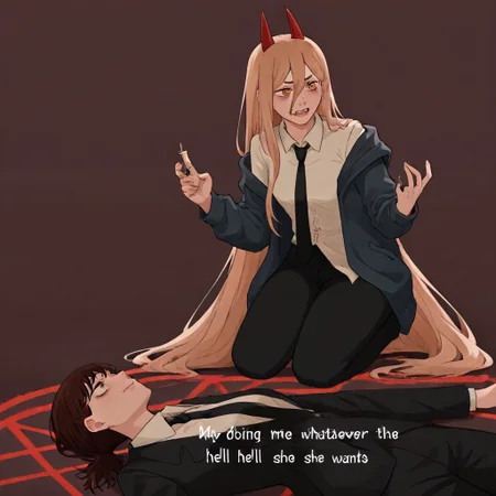 masterpiece, best quality, newest, absurdres, highres, anime, anime style, MHWW-V1.0, my hot witch wife (meme), text (my hot witch wife), english text, 1girl, higashiyama kobeni \(chainsaw_man\), brown hair, collared shirt, black necktie, black jacket, BREAK text, text (Me doing whatever the hell she wants), 1girl, power \(chainsaw_man\), demon horns, long hair, blonde hair, very long hair, red horns, black necktie, horns, cross-shaped pupils, shirt,