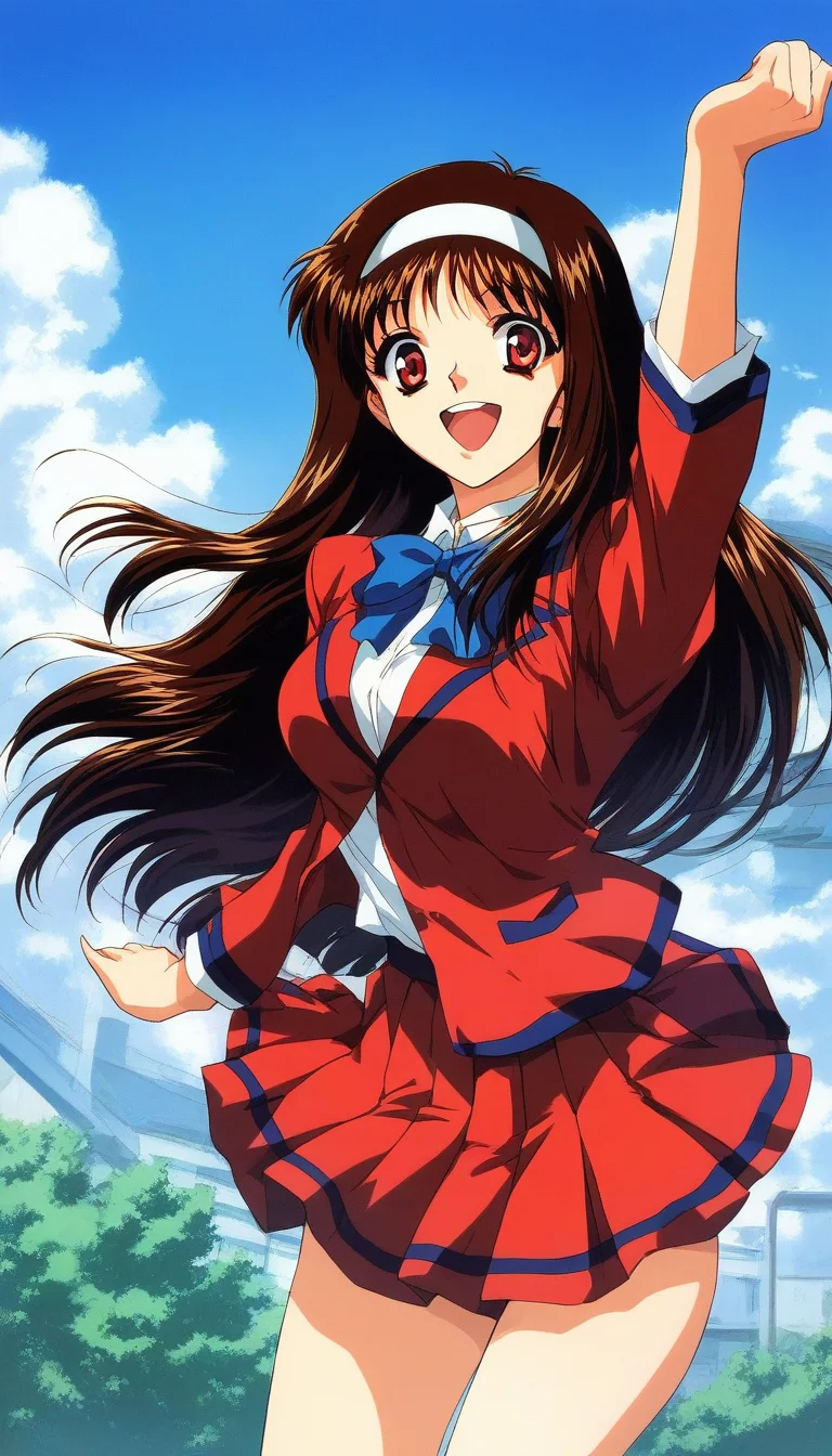score_9, score_8_up, score_7_up, source_anime, rating_explicit, BREAK <lora:Yuuki_Mizuho_OVA_XL:1>1990s \(style\),anime coloring,
Yuuki_Mizuho_OVA, 1girl,solo,long hair, brown hair, white hairband, red eyes, open mouth, blue ribbon, school uniform,red skirt, breasts, red blazer, outdoor, day, sky, school, smile,looking at viewer, cowboy_Shot,