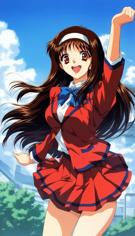 score_9, score_8_up, score_7_up, source_anime, rating_explicit, BREAK <lora:Yuuki_Mizuho_OVA_XL:1>1990s \(style\),anime coloring, 
Yuuki_Mizuho_OVA, 1girl,solo,long hair, brown hair, white hairband, red eyes, open mouth, blue ribbon, school uniform,red skirt, breasts, red blazer, outdoor, day, sky, school, smile,looking at viewer, cowboy_Shot,