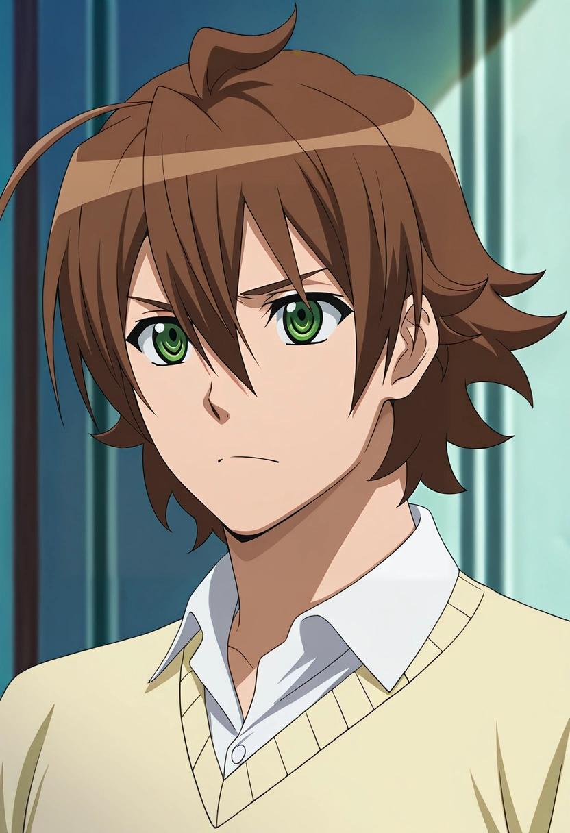 masterpiece, best quality, , (photorealistic:0.6),, 1boy, solo, male focus, <lora:tatsumi_akame_ga_kill_ilxl:0.98>, tatsumi_akame_ga_kill, brown hair, green eyes, short hair, hair between eyes, ahoge,