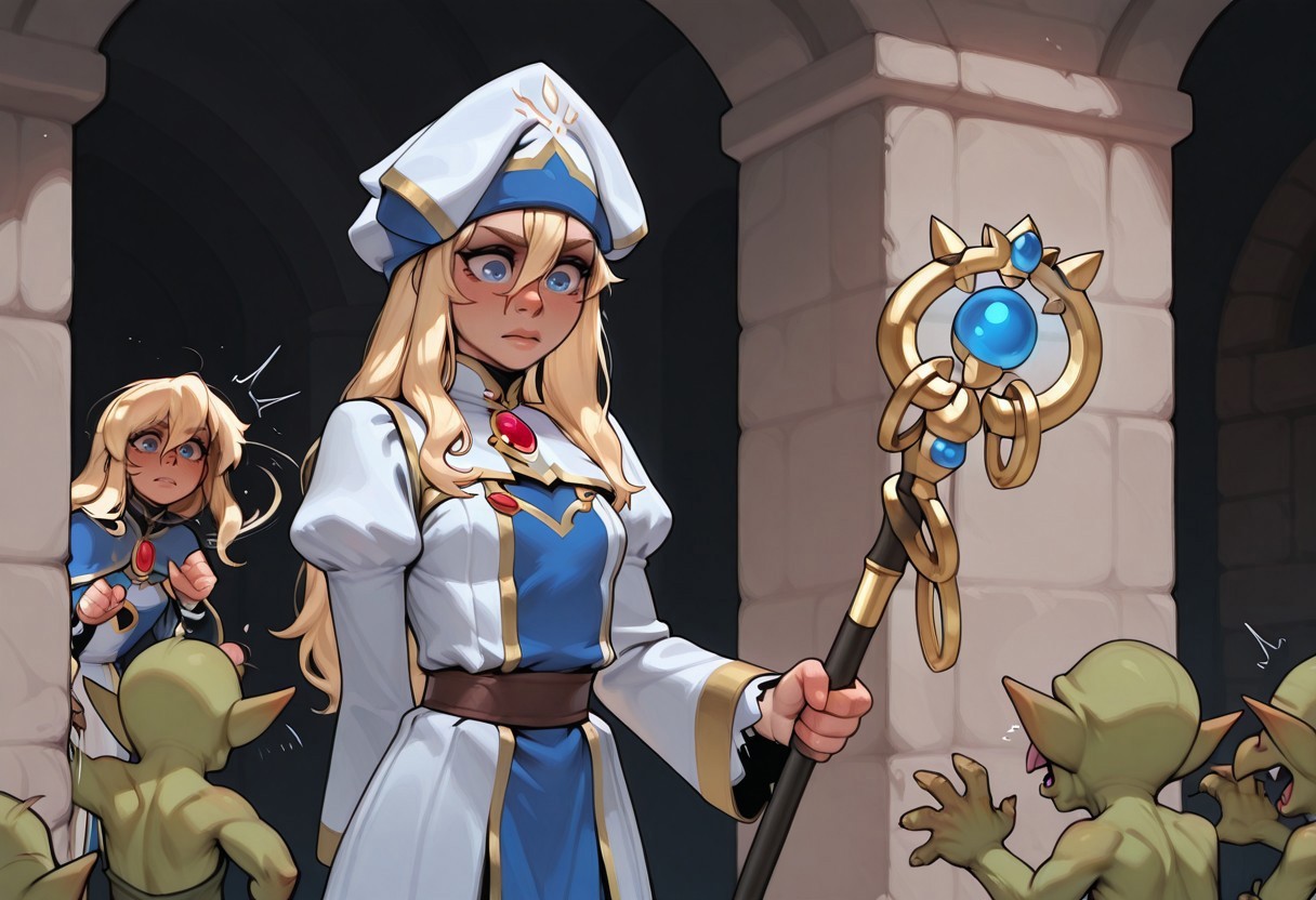 gyakuekibenn, long hair, hair between eyes, blonde hair, blue eyes, multicolored headwear, multicolored dress, white dress, blue dress, red brooch, juliet sleeves, holding staff, mage staff, hitting goblin, incoth, (incase:0.6)