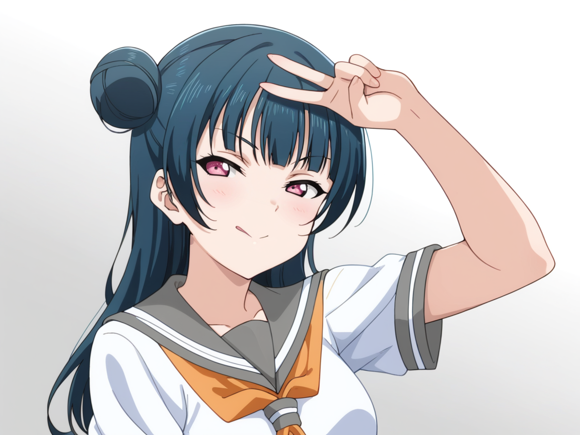 score_8_up,score_7_up, solo focus, 1girls, source_anime,
tsushima yoshiko, blue hair, pink eyes, long hair, single side hairbun,
uranohoshi school uniform, serafuku, white shirt, neckerchief, grey dress, grey skirt,
datenshi, v, v over eyes,
simple background, gradient background, <lora:yoshiriko-sdxl:1>