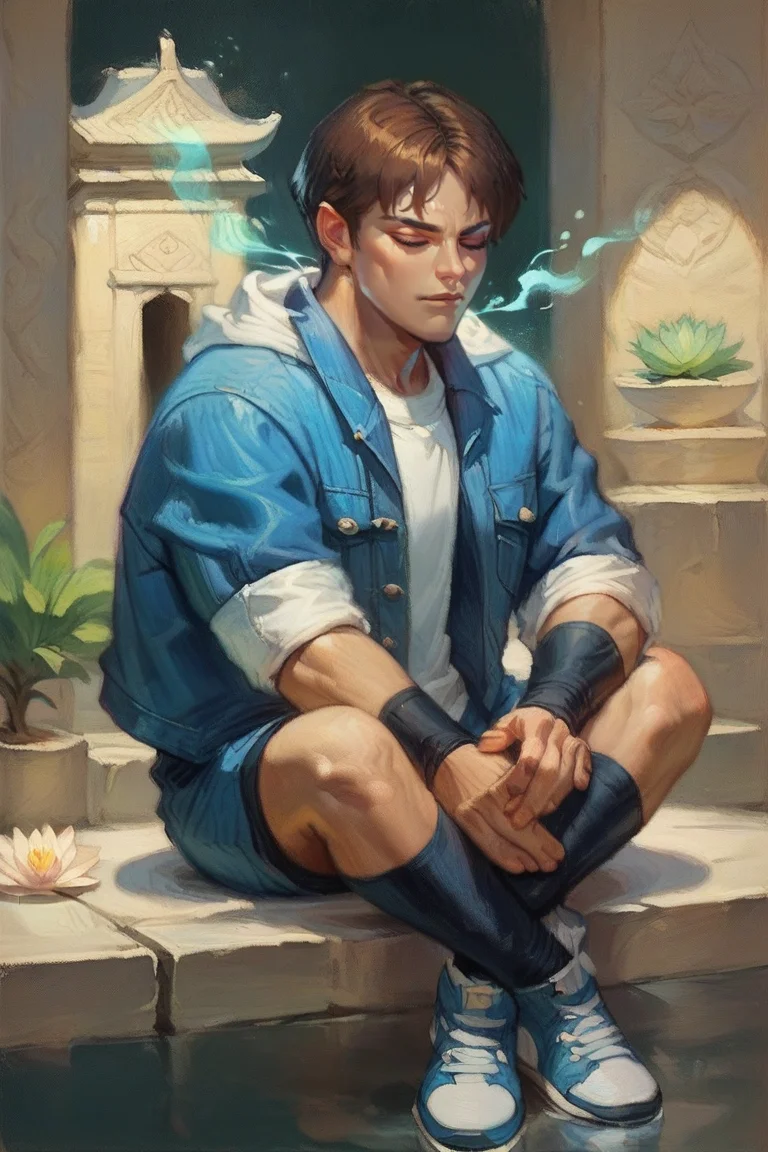 (source_anime, score_9, score_8_up, score_7_up:1), SieKensou, 1guy, blue jacket, white t-shirt, shorts. socks, sneakers, bracelets, sitting, meditating. closed eyes, energy flow, at a chinese temple, lotus position,oil painting<lora:EMS-366118-EMS:1.000000>, <lora:EMS-327924-EMS:0.800000>