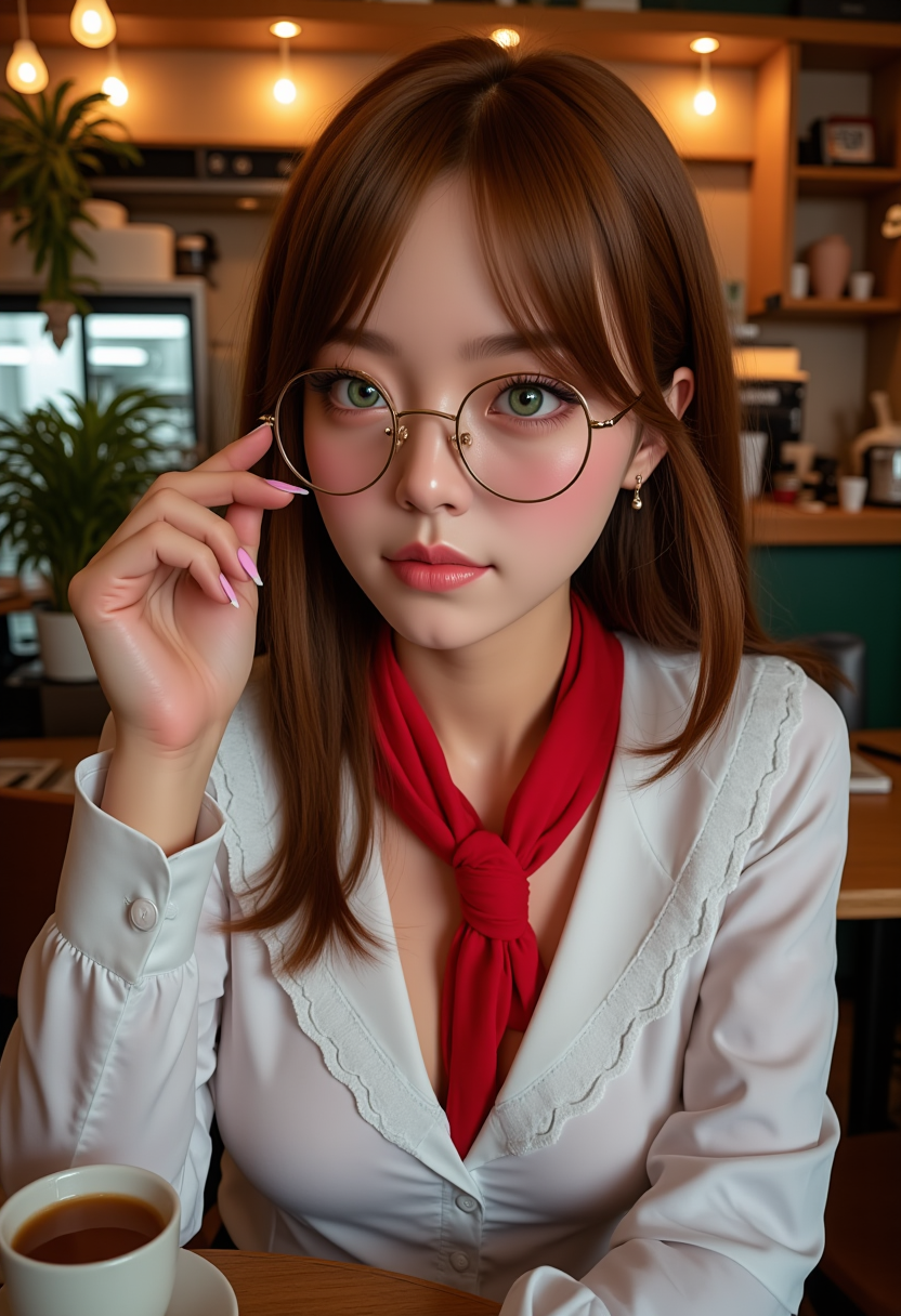 She is approximately 18 years old,profile headshots, Hyperrealism, photoshoot poses, (dynamic angles), a beautiful photo of M0lly, stunning unique female character. model photoshoot, her eyes are filled with joy and excitement, extravagant eyelashes,she is wearing a white frilly shirt, with a red scarf, she is wearing glasses, realistic, green eyes, brown hair, sitting, solo focus, blurry background, table, book, holding, pink nails, makeup, indoors, She Is smiling warmly, nail polish, lips, cafe, restaurant,  teacup, pendant, coffee mug, long fingernails, realistic. making this image a masterpiece of photography and digital art. Style: realistic hyper-detailed rendering, 32k UHD, expressive eyes, punk, graphic design, girl's face, pretty and cute, gleaming lips, telling a tale of adventure. Exuding confidence and serenity. The overall mood of the image is happy and relaxed.RAW candid cinema,16mm,color graded portra 400 film,remarkable color,ultra realistic,textured skin,remarkable detailed pupils,realistic dull skin noise,visible skin detail,skin fuzz,dry skin,shot with cinematic camera,detailed skin texture,(blush:0.2),(goosebumps:0.3),subsurface scattering,beautiful photograph in the style of Augustus John,Sergio Toppi,Virginia Frances Sterrett,8k HD,detailed skin texture,ultra realistic,textured skin,analog raw photo,cinematic grain,whimsical,Detailed hand, Perfect hand.