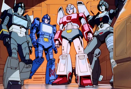 score_9, score_8_up, score_7_up, animation, transformers, 1girl, robot, Autobot, Tall, bulky, Soilder, glowing eyes,blue eyes, large eyes, circular eyes, Blue armor, Wheels, transforms into Armored Transport, full body, cowboy shot, smiling, holding Bazooka