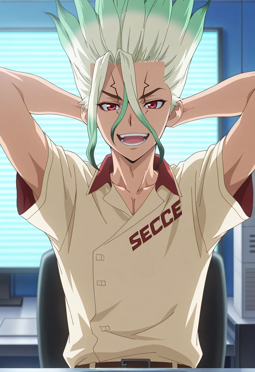 masterpiece, best quality, , anime screencap, , , looking at viewer, 1boy, solo, male focus, <lora:senkuu_ishigami_ilxl:0.92>, senkuu_ishigami, green hair, red eyes, multicolored hair, two-tone hair, white hair, facial mark, focused, office, computers, light, arms behind head, laughing, decade costume
