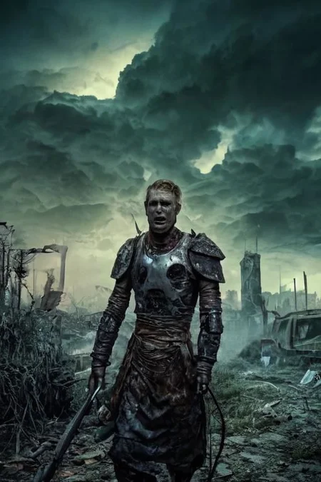 1boy, photoshoot, portrait, a haunted Norwegian man with piercing eyes in scavenged armor amidst a colorful post-apocalyptic landscape, (((medium shot))), (((half body))), wielding vibrant weaponry, mutated flora with bioluminescent glow, remnants of a destroyed city painted in bright graffiti, and ominous storm clouds in vivid shades