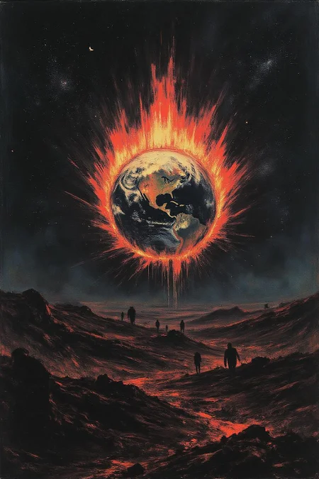 apoca1 illustration. Earth on fire, seen from space <lora:apocalypse_now1_fl_d4a2:1.0><lora:803273504427473158:0>