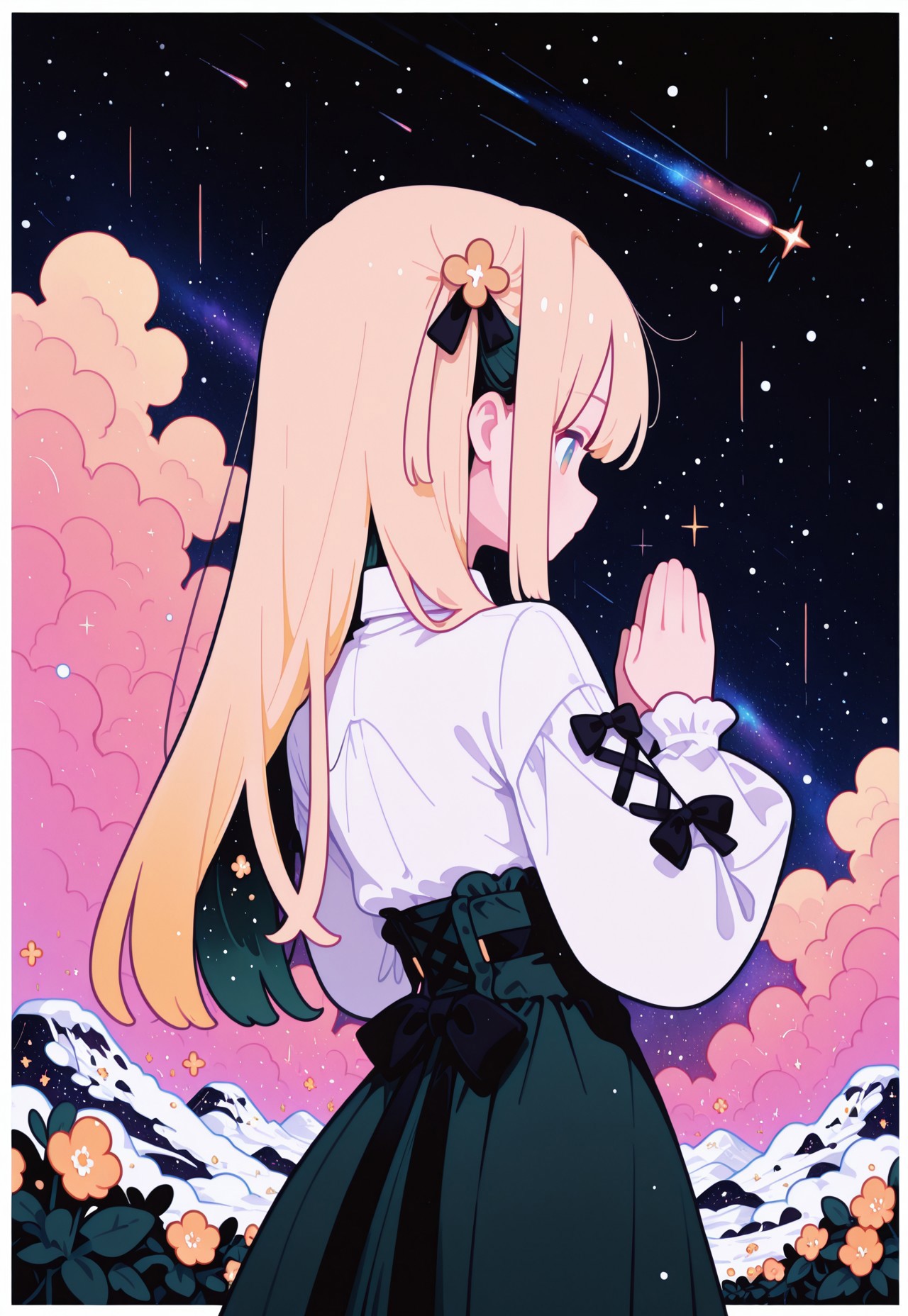 masterpiece, best quality,
(from behind, back shot),
pastel cyan eyes, blonde hair, multi colored hair, long hair, hair ornament, twintale, colored inner hair,
small breasts, 
white shirt, frills, long sleeves, dark black green skirt, center frills,
frilled skirt, high-waist skirt, puffy long sleeves, black bow, collared shirt, puffy sleeves, laced sleeves ,

1girl, solo, upper body,
praying, many flowers in background,
  

simple gradient lapis lazuli  background with thick white border,

thick symmetrical clouds,
(many japanese shrines covered by snow in background), (galaxies in sky, light particles, many shooting starts),

flat vector illustration, fl4t,
