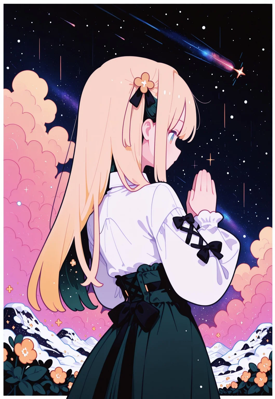 masterpiece, best quality,
(from behind, back shot),
pastel cyan eyes, blonde hair, multi colored hair, long hair, hair ornament, twintale, colored inner hair,
small breasts,
white shirt, frills, long sleeves, dark black green skirt, center frills,
frilled skirt, high-waist skirt, puffy long sleeves, black bow, collared shirt, puffy sleeves, laced sleeves ,
1girl, solo, upper body,
praying, many flowers in background,
simple gradient lapis lazuli background with thick white border,
thick symmetrical clouds,
(many japanese shrines covered by snow in background), (galaxies in sky, light particles, many shooting starts),
flat vector illustration, fl4t,