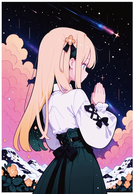 masterpiece, best quality,
(from behind, back shot),
pastel cyan eyes, blonde hair, multi colored hair, long hair, hair ornament, twintale, colored inner hair,
small breasts, 
white shirt, frills, long sleeves, dark black green skirt, center frills,
frilled skirt, high-waist skirt, puffy long sleeves, black bow, collared shirt, puffy sleeves, laced sleeves ,

1girl, solo, upper body,
praying, many flowers in background,
  

simple gradient lapis lazuli  background with thick white border,

thick symmetrical clouds,
(many japanese shrines covered by snow in background), (galaxies in sky, light particles, many shooting starts),

flat vector illustration, fl4t,
