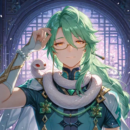 masterpiece,best quality,ultra-detailed,very aesthetic,absurdres,newest, pastel colors, down lighting, safe rating, (artist:banned artist:0.8), (artist:kou hiyoyo:0.6), (artist:mizuki hitoshi:0.4), village, white snake on shoulders, sn4k3, snake qith red eyes and slit pupils, changsheng \(genshin impact\), animal around neck, 1boy, baizhu \(genshin impact\) with soft smile and glowing yellow eyes and round pupils, portrait, looking at viewer, with red eyes and slit pupuls, long hair, green hair, glasses, crop top, hair between eyes, shirt, short sleeves, white snake, gloves, jewelry, tassel, cropped shirt, braid, black gloves, hair ornament, cape, arm up, holding white flower, bracelet, hair stick, beads, chinese clothes, semi-rimless eyewear, blue shirt, hair bun, under-rim eyewear, ahoge, green vision \(genshin impact\), arm guards, solo, white cape, eyewear strap, low-tied long hair, single glove, single hair bun, orange eyes, low-braided long hair, asymmetrical gloves, parted bangs, fingerless gloves, very long hair, mismatched gloves, sidelocks, floating hair, white gloves, gem, green sash, braided ponytail, yellow-framed eyewear, green shirt, long sleeves, coat, coat on shoulders, makeup, <lora:spo_sdxl_10ep_4k-data_lora_webui> <lora:dmd2_sdxl_4step_lora_fp16> <lora:Snake_on_Shoulders> <lora:Baizhu> <lora:tcd_weights> masterpiece,best quality,ultra-detailed,very aesthetic,absurdres,newest