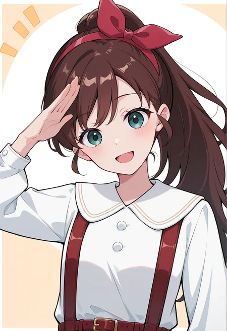 <lora:ruirui_ill_v1.0:1>,ruirui,brown hair,long hair,ponytail,long hair,
hair bow,white shirt,long sleeves,suspenders,
1girl,solo,
salute,smile,open mouth,head tilt,upper body,comic,, textless version,