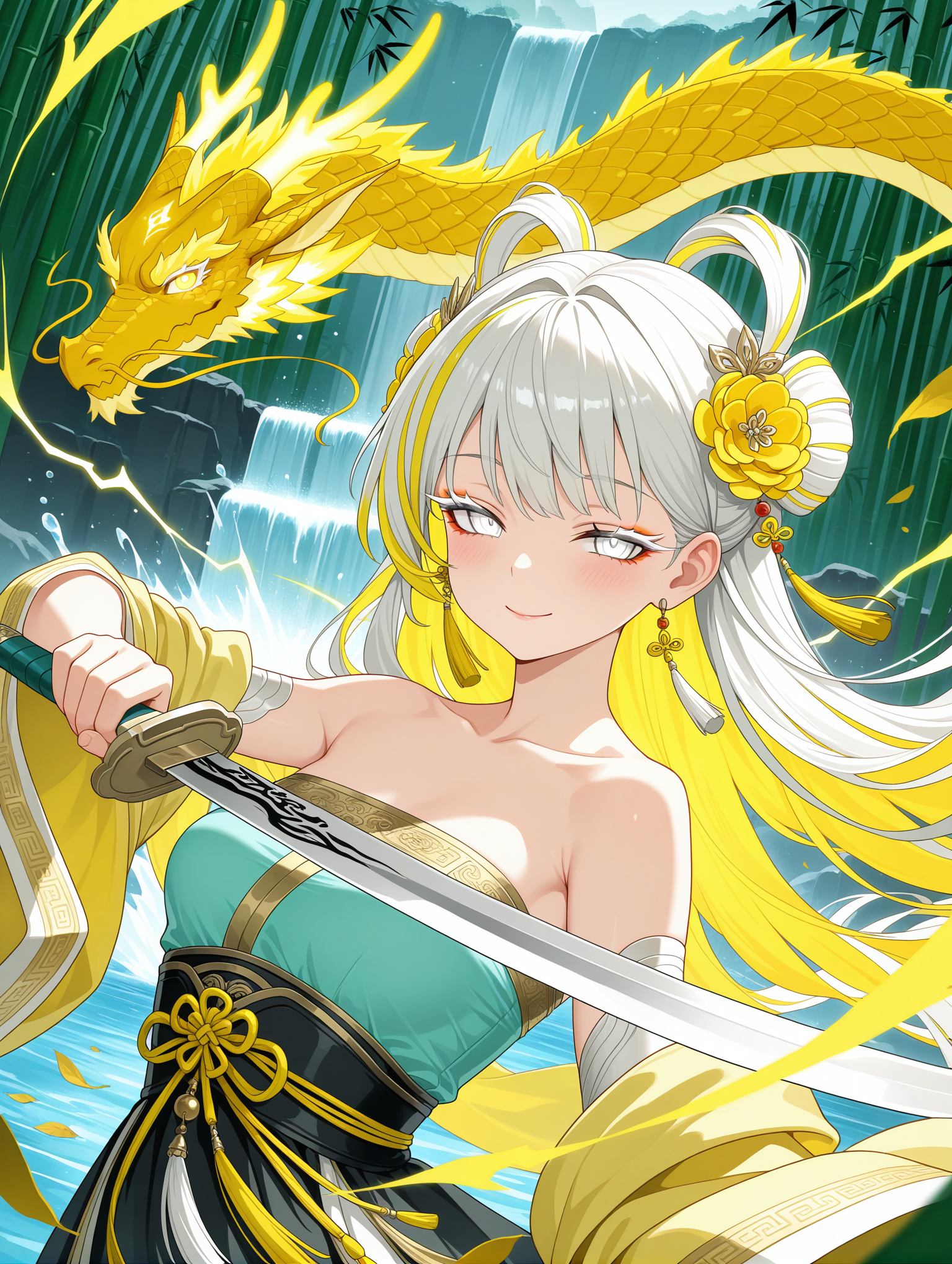 glowing eyes, streaked hair, glowing inner hair, glowing streaks, 1girl, jinhsi \(wuthering_waves\), white hair,blonde_eyes, large_breasts, (upper_body,close-up:1.4),Dynamic pose,ä¸²,((aqua and yellow:0.85) but Limited palette:1.2),//,Chinese architecture,Ink,hair flowers,bamboo forest,bamboo,//(long hair),small breasts,smile,((dragon)),Yellow lightning,(makeup,white eyeliner),white eyeshadow,white eyes,(long eyelashes),half-closed eyes,Dragon skirt,blush,holding sword,chinese sword,(dynamic angle:1.2),(hanfu:1.4),chinese clothes,transparent clothes,tassel,chinese knot,bare shoulders,kanzashi,draped silk,gold trim,wind,bokeh,scattered leaves,flying splashes,waterfall,splashed water,looking at viewer,                                         
,masterpiece,best quality,amazing quality,