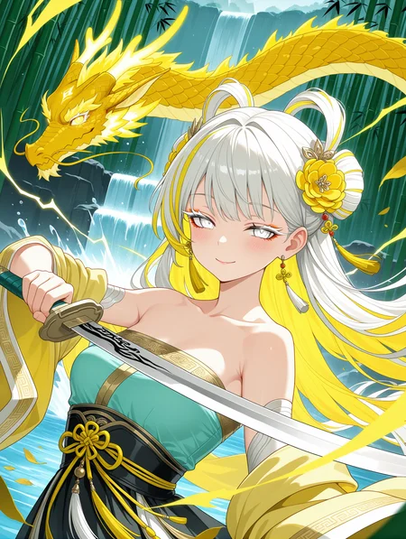 glowing eyes, streaked hair, glowing inner hair, glowing streaks, 1girl, jinhsi \(wuthering_waves\), white hair,blonde_eyes, large_breasts, (upper_body,close-up:1.4),Dynamic pose,串,((aqua and yellow:0.85) but Limited palette:1.2),//,Chinese architecture,Ink,hair flowers,bamboo forest,bamboo,//(long hair),small breasts,smile,((dragon)),Yellow lightning,(makeup,white eyeliner),white eyeshadow,white eyes,(long eyelashes),half-closed eyes,Dragon skirt,blush,holding sword,chinese sword,(dynamic angle:1.2),(hanfu:1.4),chinese clothes,transparent clothes,tassel,chinese knot,bare shoulders,kanzashi,draped silk,gold trim,wind,bokeh,scattered leaves,flying splashes,waterfall,splashed water,looking at viewer,
,masterpiece,best quality,amazing quality,