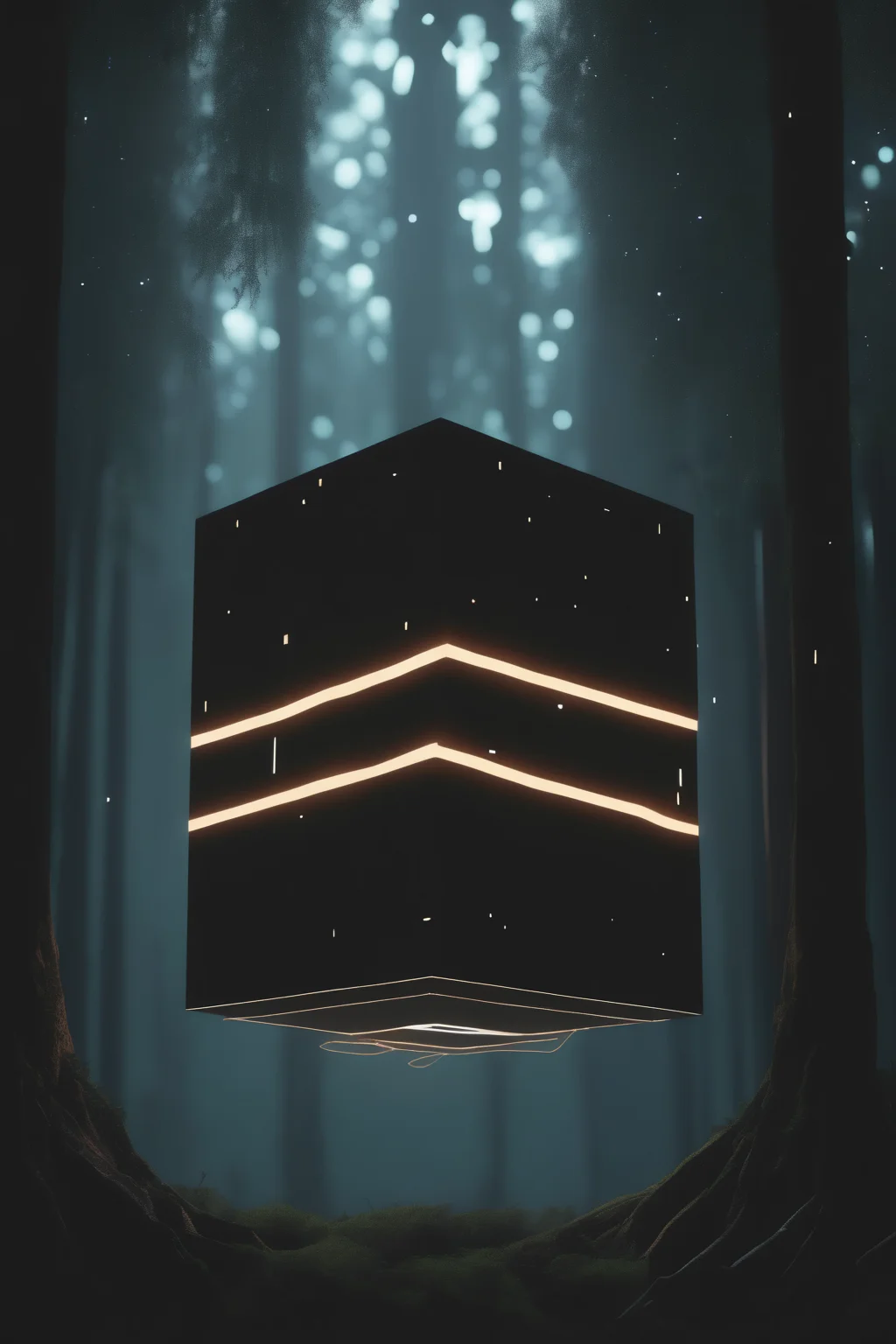 <lora:Levitating Cube:1>Levitating Cube - an image of a dark forest with glowing lights