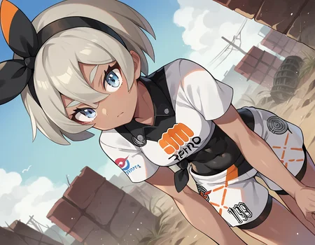 score_9, score_8_up, score_7_up, source_anime,
pokemonbea, <lora:pokemon-bea-ponyxl-lora-nochekaiser:1>
pokemonbea, blue eyes, dark skin, dark-skinned female, grey hair, hair between eyes, short hair, ribbon, hair ribbon, hairband, black ribbon, black hairband,
bodysuit, covered navel, shorts, single glove, glove, crop top, white shirt, short sleeves, collar, white shorts,
outdoors, wasteland, bent over,
looking at viewer, cowboy shot, dutch angle,