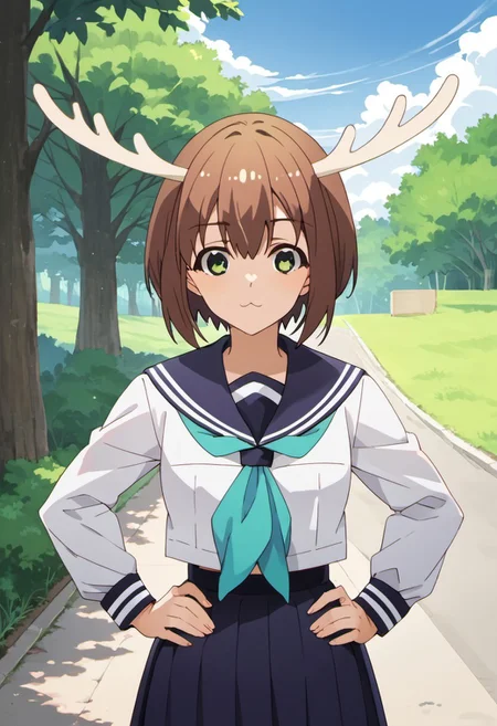 score_9, score_8_up, score_7_up, source_anime,shikanoko noko, short hair, brown hair, green eyes, antlers, 1girl, solo, school uniform, serafuku, tree, outdoors, hands on hips, day, sky, :3, neckerchief, sailor collar