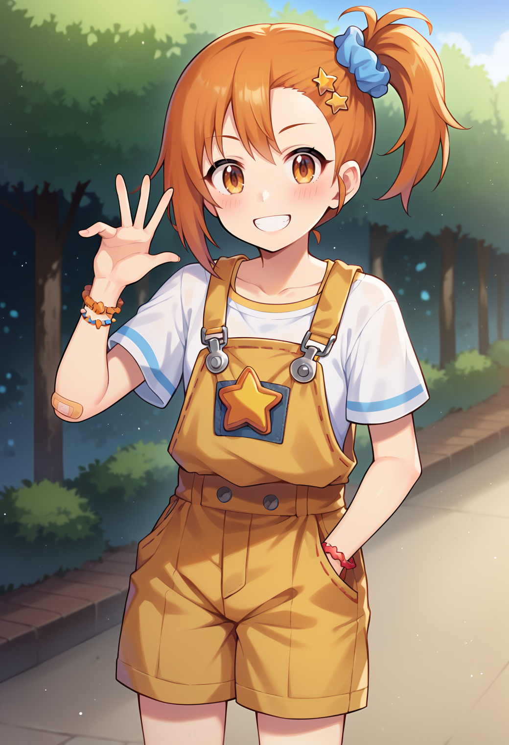 score_9, score_7_up, hd, (ultra hd quality details), source_anime, blurry background, 
solo, 1girl, rlmisogi, side ponytail,
rlmisogi, side ponytail, star hair ornament, hair scrunchie, blue scrunchie, collarbone, white shirt, short sleeves, striped, bracelet, yellow overalls, shorts, star print, bandaid on knee,
looking at viewer, blush, smile, one
hand up,
<lora:_misogipcr-elesico-pony:0.9>