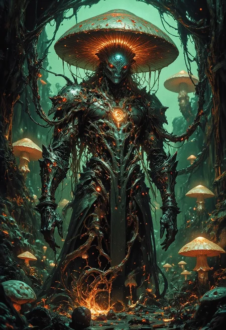 (front-side view)
A hyper-realistic humanoid mushroom creature standing in a mystical, dimly-lit underground forest. The creature has glowing, bioluminescent lights emanating from within its mushroom cap, with organic tendrils hanging down. Its skin is textured with mossy and fungal growths, blending natural and alien elements. The background is filled with large, softly glowing mushrooms and an ethereal green fog, creating a mysterious, otherworldly ambiance. The lighting is dramatic, with soft shadows and luminous highlights accentuating the creature's intricate details