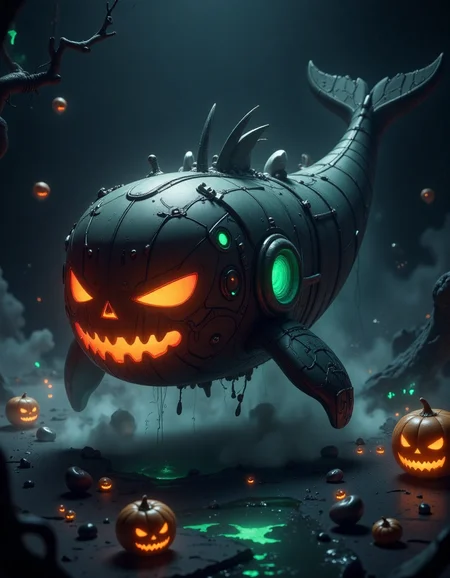 sifi, spooky halloween tech , a blue glowing Whale, in the style of hall0w33n
