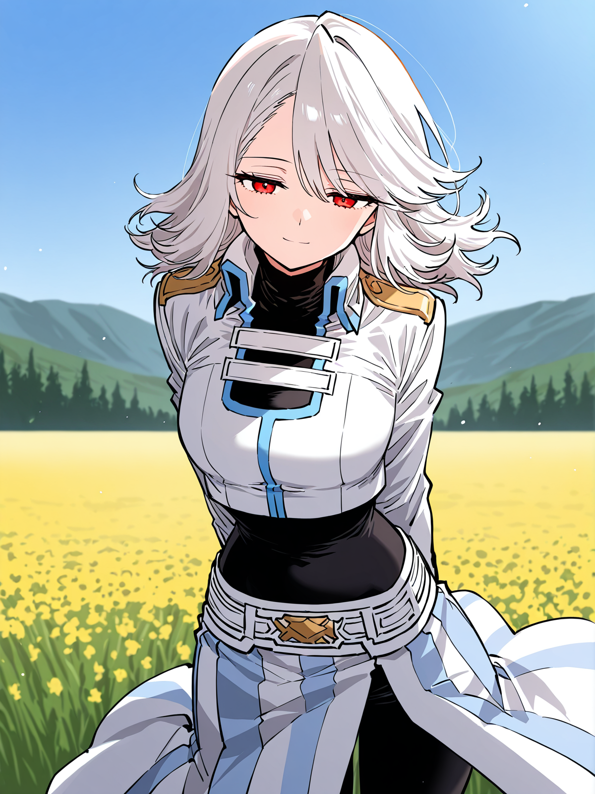 <lora:Player__Manhwa__Nagi:1>
1girl, solo, white hair, medium hair, layered hair, wavy hair, swept bangs, red eyes, expressionless, neutral face, long sleeves, high collar
white cropped jacket, short jacket, open chest design, decorative chest strap, white chest band, high collar, long sleeves, gold accents, layered clothing, thigh-high black stockings, black tight top, black bodysuit, high collar, split skirt overlay, skin-tight underlayer garter belt, thigh strap, black boots, decorative belt, gold buckle,
score_9, score_8_up, score_7_up, very aesthetic, source_anime, detailed, high quality, beautiful, masterpiece, detailed eyes, field, blurry background, pose dynamic angle, upper body, cowboy shot, light smile, floating hair, half-closed eyes, hands behind back, leaning forward, looking forward, looking at viewer