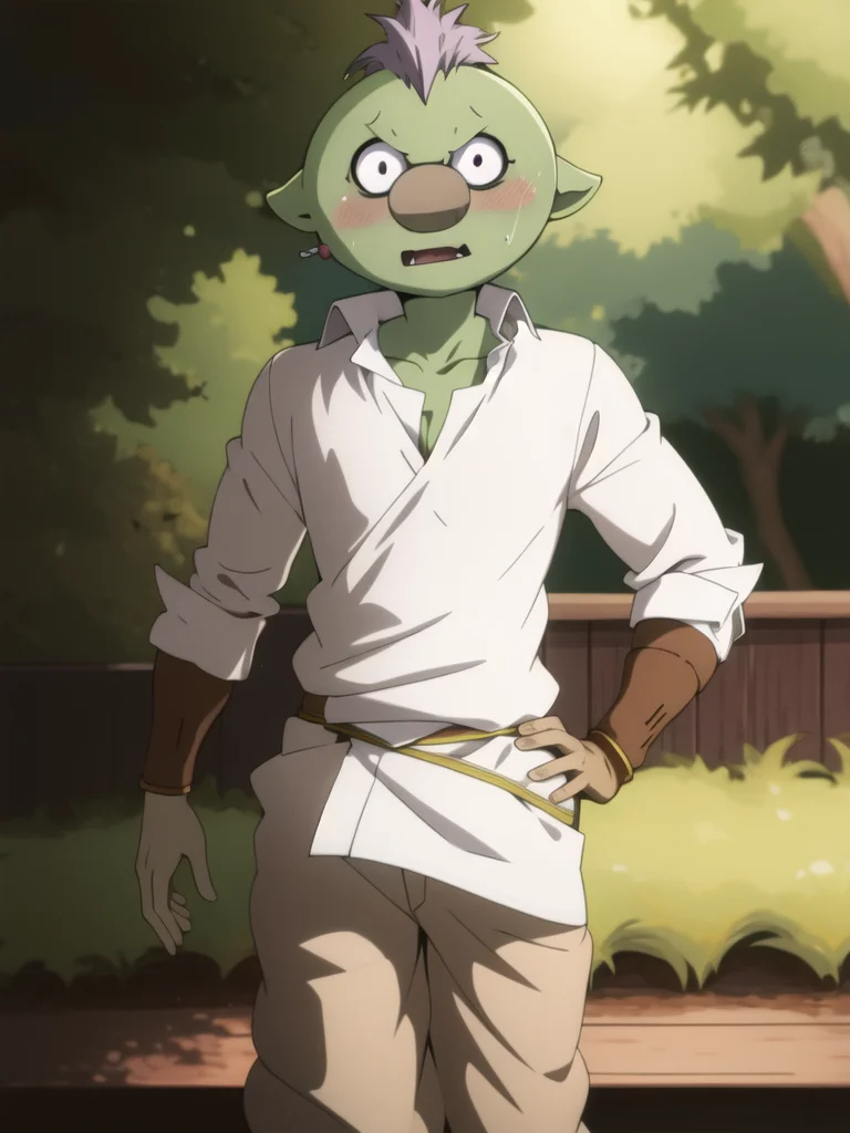 (masterpiece:1.4),(best quality:1.4),(shiny skin),realistic, Gobuta, a cartoon character with a green face and a white shirt, blushing, purple mohawk, <lora:gobuta-000013:1>