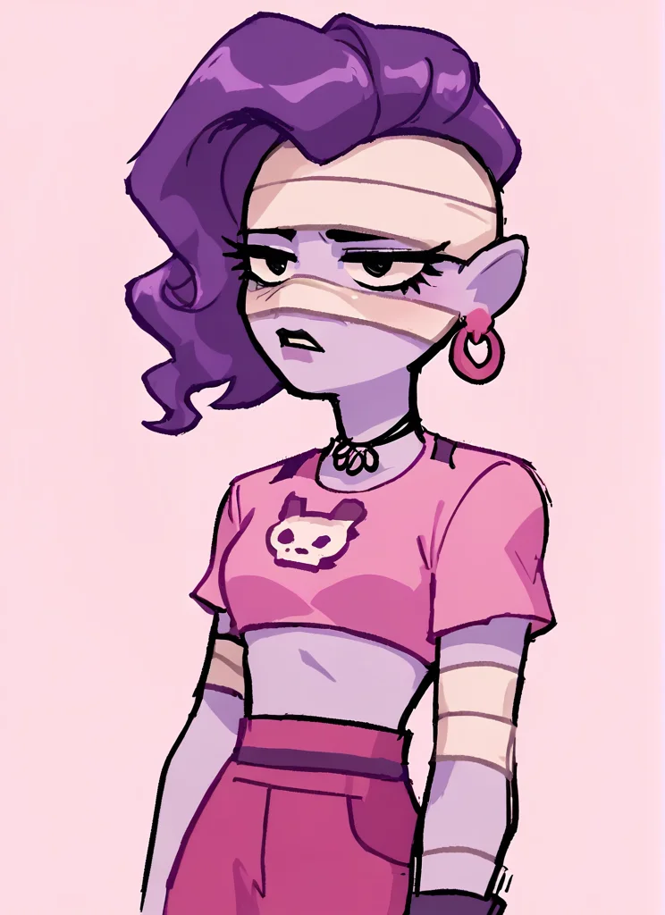 score_9, score_8_up, score_7_up, <lora:bsemz:1>bsemz , 1 girl , purple skin , bandages ,Earrings , purple hair, skirt ,cropped shirt , pink shirt , <lora:SyrupyyyArt:1>syrupyyy