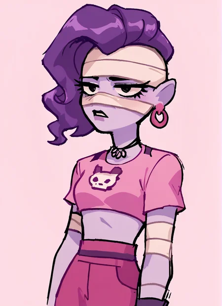 score_9, score_8_up, score_7_up, <lora:bsemz:1>bsemz , 1 girl , purple skin , bandages ,Earrings , purple hair, skirt ,cropped shirt , pink shirt , <lora:SyrupyyyArt:1>syrupyyy