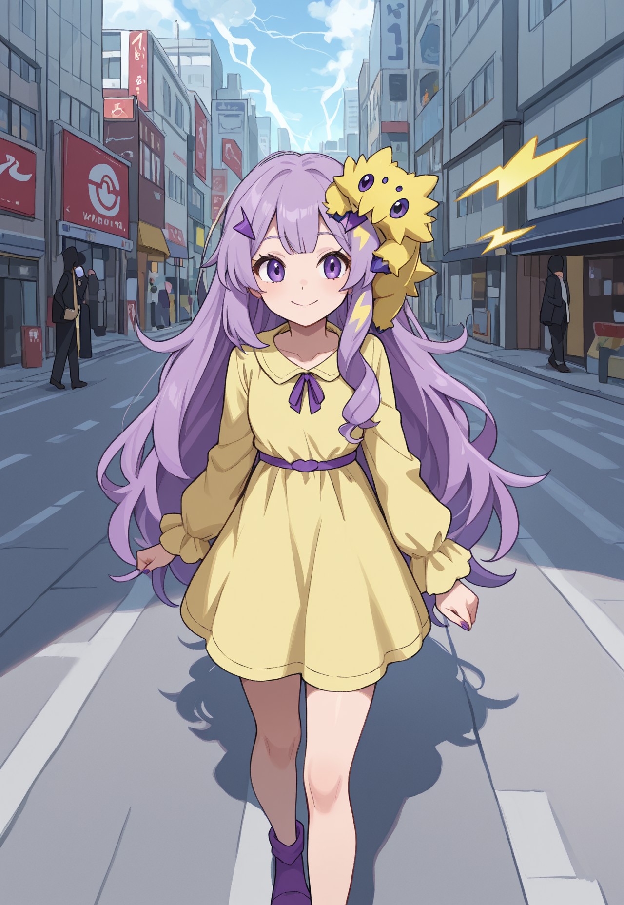 masterpiece, best quality, amazing quality, very aesthetic, absurdres, ((1boy with 1other:1,)) BREAK (ShinyJoltik, gijinka, human:1.6, 1boy, purple hair, long hair, purple eyes, light yellow dress, lightning bolt hair ornamentm, pokemon on shoulder, walking, smile,). BREAK 
(ShinyJoltik, 1other, alternate color, light yellow fur, purple eyes, purple claws,)
outdoors, day, city, perspective