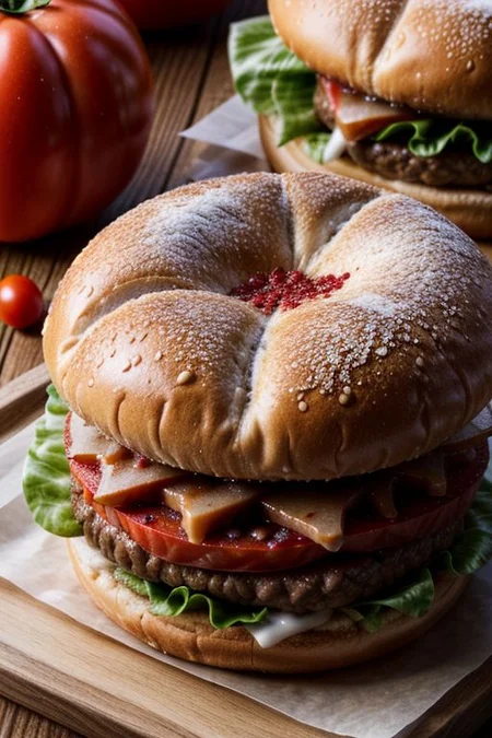 Hamburger, tomaten of the Hamburger (((masterpiece))),(((<sharp images:4>))), (((<high resolution:3>))), (((professional photoshooting))) ,10000iso, 8k