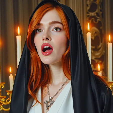 hyperrealistic art watercolor painting expressionist Inside an ancient cathedral, bathed in the glow of flickering candlelight, the redheaded goddess sitting on the cold stone altar, she's wearing a full nun costume  leaving nothing but temptation in its wake. Her fiery locks spill over the sacred ground as she gazes upward, looking at the viewer,  her lips parted in an expression of pure, sinful ecstasy. Itâs an image of contrastâholiness and eroticism intertwined, a vision of defiance in a place of restraint  <lora:jialissa64:0.9> jialis . raw, emotional, dynamic, distortion for emotional effect, vibrant, use of unusual colors, detailed . vibrant, beautiful, painterly, detailed, textural, artistic . extremely high-resolution details, photographic, realism pushed to extreme, fine texture, incredibly lifelike