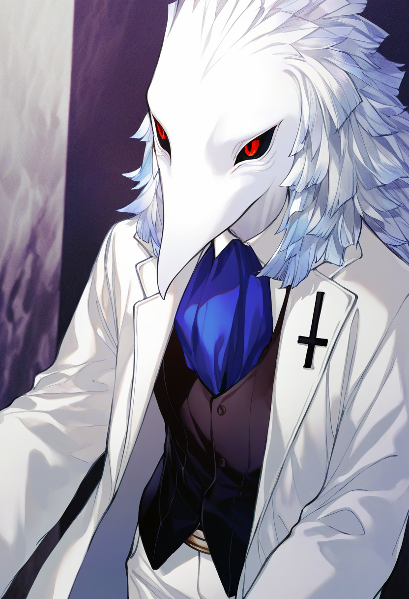 artist:gomzi,artist:wanke,artist:diyokama, rei_(sanbonzakura),[[artist:fuzichoco]],year 2023,
1boy, solo,
caesar \(higyaku no noel\), animal head, red eyes, black sclera, colored skin, white skinï¼
white coat, black vest, blue ascot, white pants, inverted cross
upper body, storm,
<lora:ntmf_majorcharacters.ilxl:1>